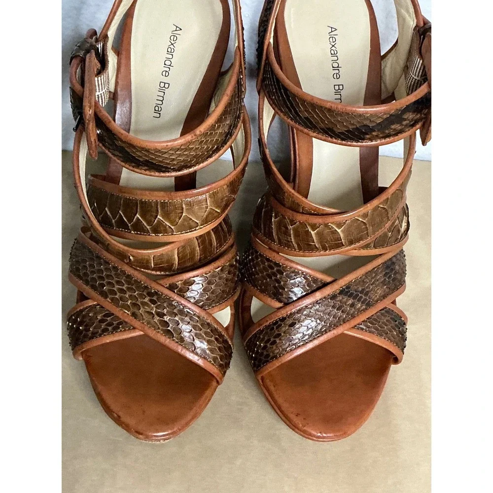 Alexandre‎ Birman Snakeskin Strappy Wedge Sandals Brown Leather Heels